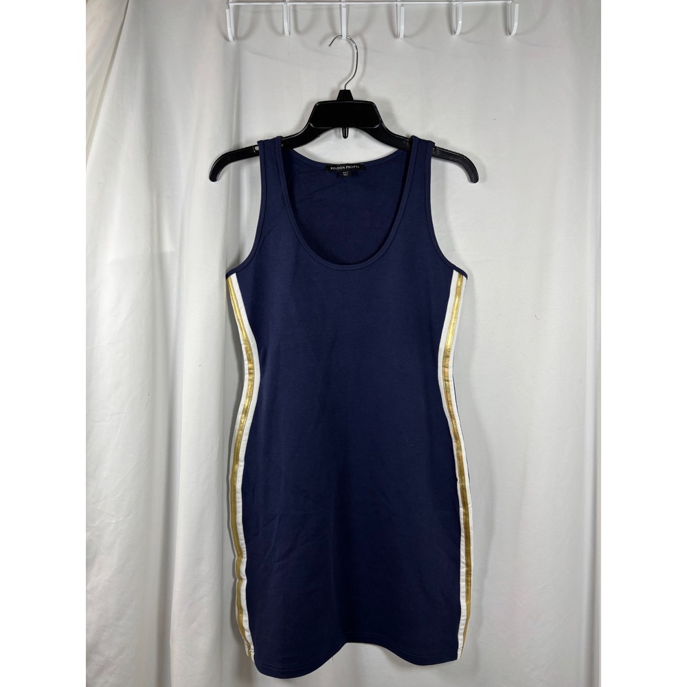 Boston Proper Navy Blue Gold White Side Stripe Bodycon Tank Dress Small
